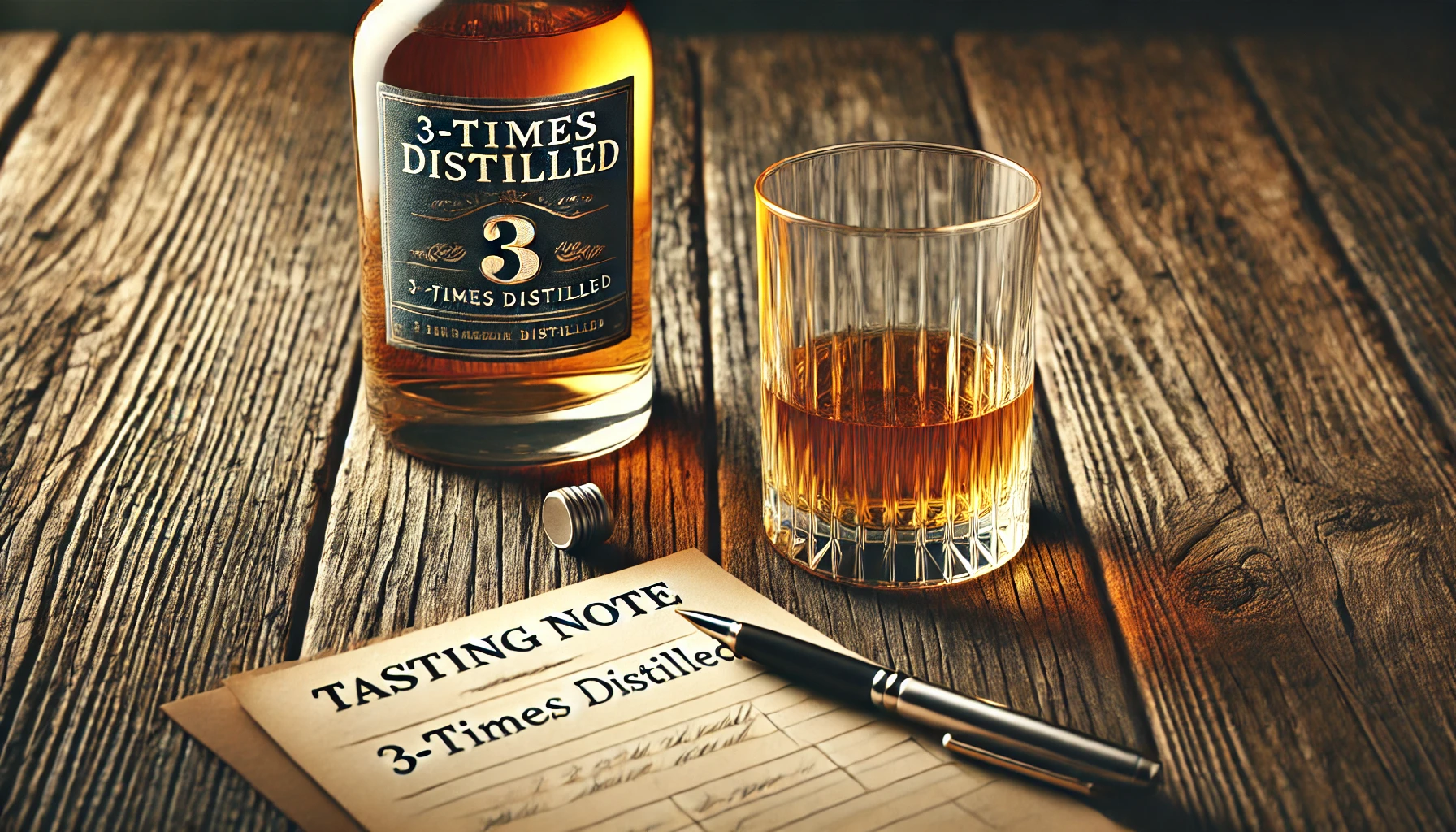 A detailed image of a whiskey glass with smooth, golden whiskey, and a bottle labeled '3-times distilled' on a rustic wooden surface. The scene includes a tasting note sheet beside the glass, with a pen laying next to it, suggesting a whiskey evaluation setting. The focus is on the clarity and color of the whiskey, with soft lighting enhancing the ambiance. The image should be horizontal, suitable for a 16:9 ratio.