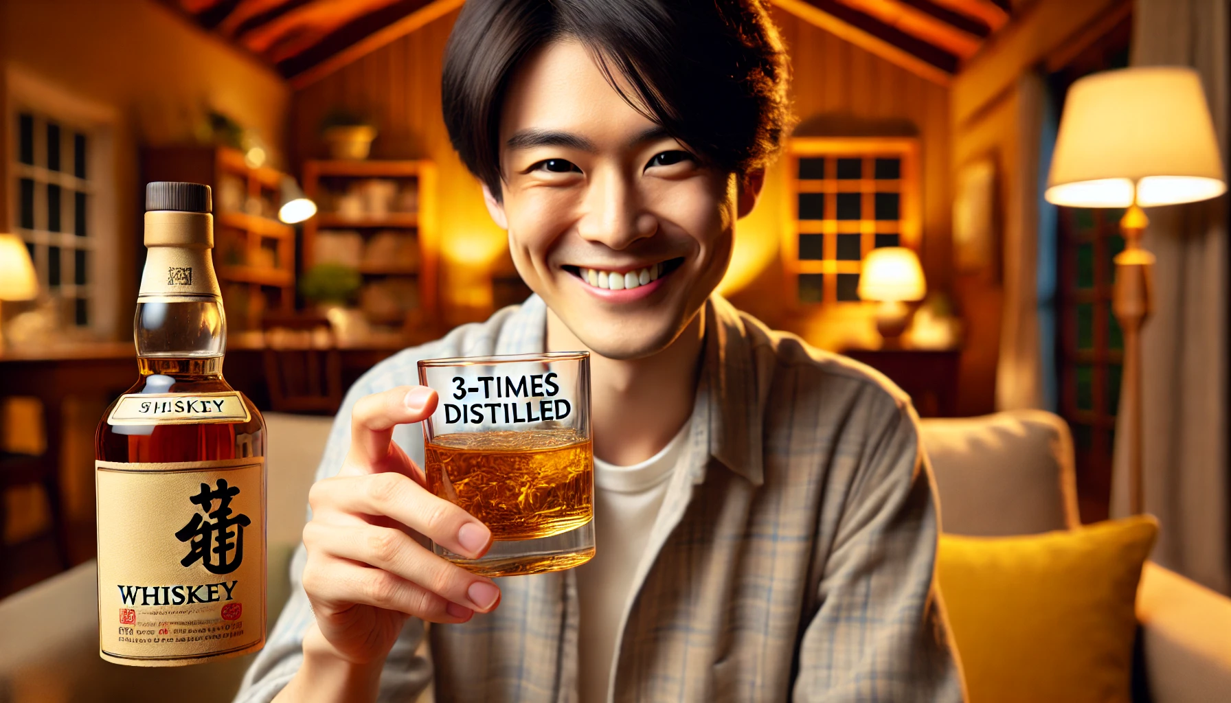 A happy Japanese person holding a glass of whiskey, labeled '3-times distilled,' in a cozy home setting. The person is smiling and enjoying the drink, with a background of warm, inviting home decor. The scene captures a moment of satisfaction and contentment, emphasizing the enjoyment of the smooth whiskey. The image should be horizontal, suitable for a 16:9 ratio.