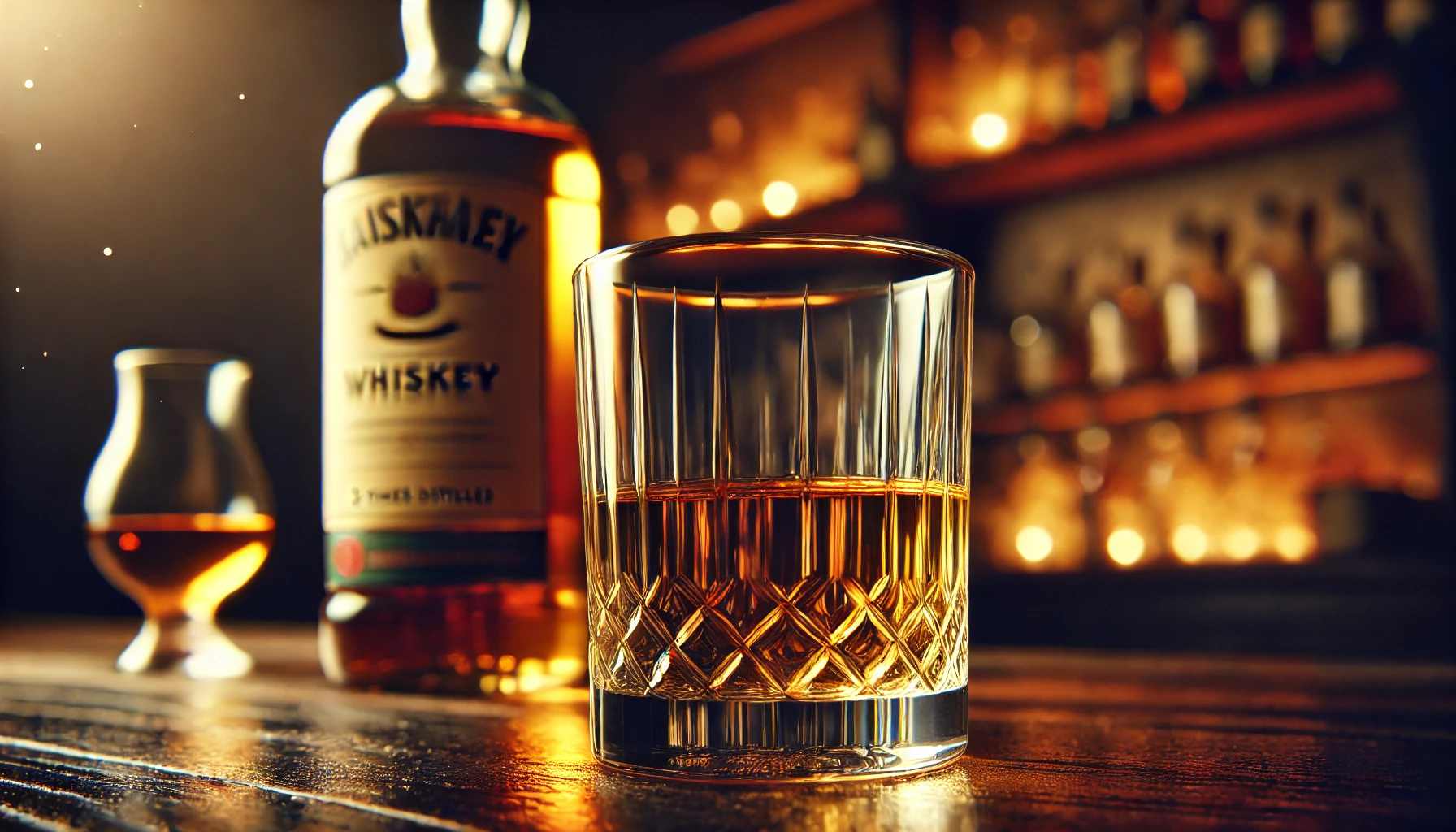 A close-up of a whiskey glass filled with a smooth, golden whiskey, with a bottle labeled '3-times distilled' in the background. The setting is a cozy, rustic bar with warm, ambient lighting reflecting off the glass. The focus is on the whiskey's clarity and smooth texture. The background is slightly blurred to keep attention on the whiskey. The image should be horizontal, suitable for a 16:9 ratio.