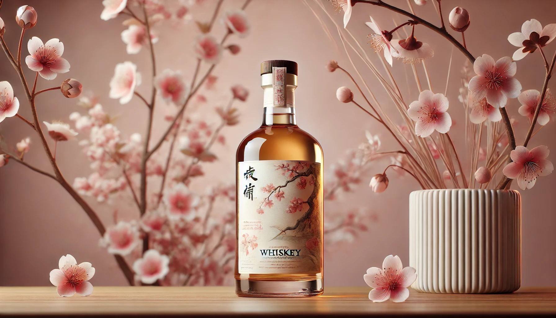 A beautifully designed whiskey bottle with a cherry blossom theme, featuring a delicate pink and white color scheme. The bottle should have an elegant label with cherry blossom motifs and a light, refreshing atmosphere. The background should include subtle cherry blossoms in soft focus, evoking a sense of spring and renewal. The setting should feel modern and fresh, highlighting the bottle as the main focus. The image should be warm and inviting, with no clutter.