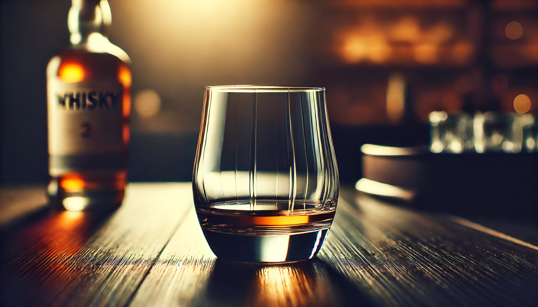 A sleek, modern whisky glass with clean lines, representing a new and emerging brand in the whisky industry, placed on a dark wooden table with a soft, warm light reflecting on it. The background is slightly blurred, with hints of a stylish, upscale bar setting. The image evokes a sense of premium quality and new beginnings.