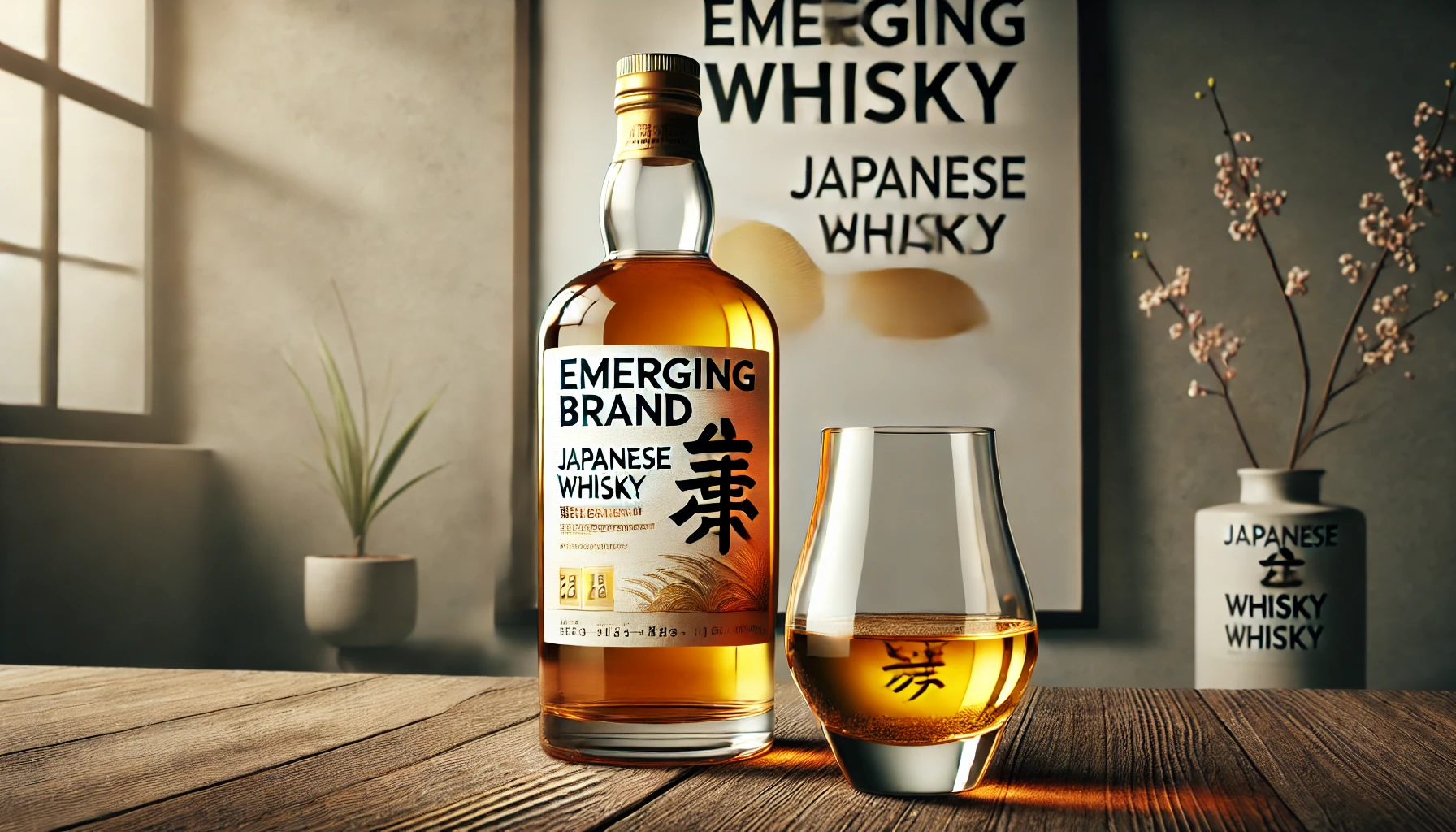 A Japanese whisky bottle representing an emerging brand, with a glass of whisky next to it, placed on a wooden table. The whisky is a golden, fruity hue, with hints of pears, apples, and vanilla in the atmosphere. The bottle has a modern design, reflecting a new Japanese brand in the whisky industry. The background is a minimalistic, clean setting, evoking a sense of freshness and innovation.