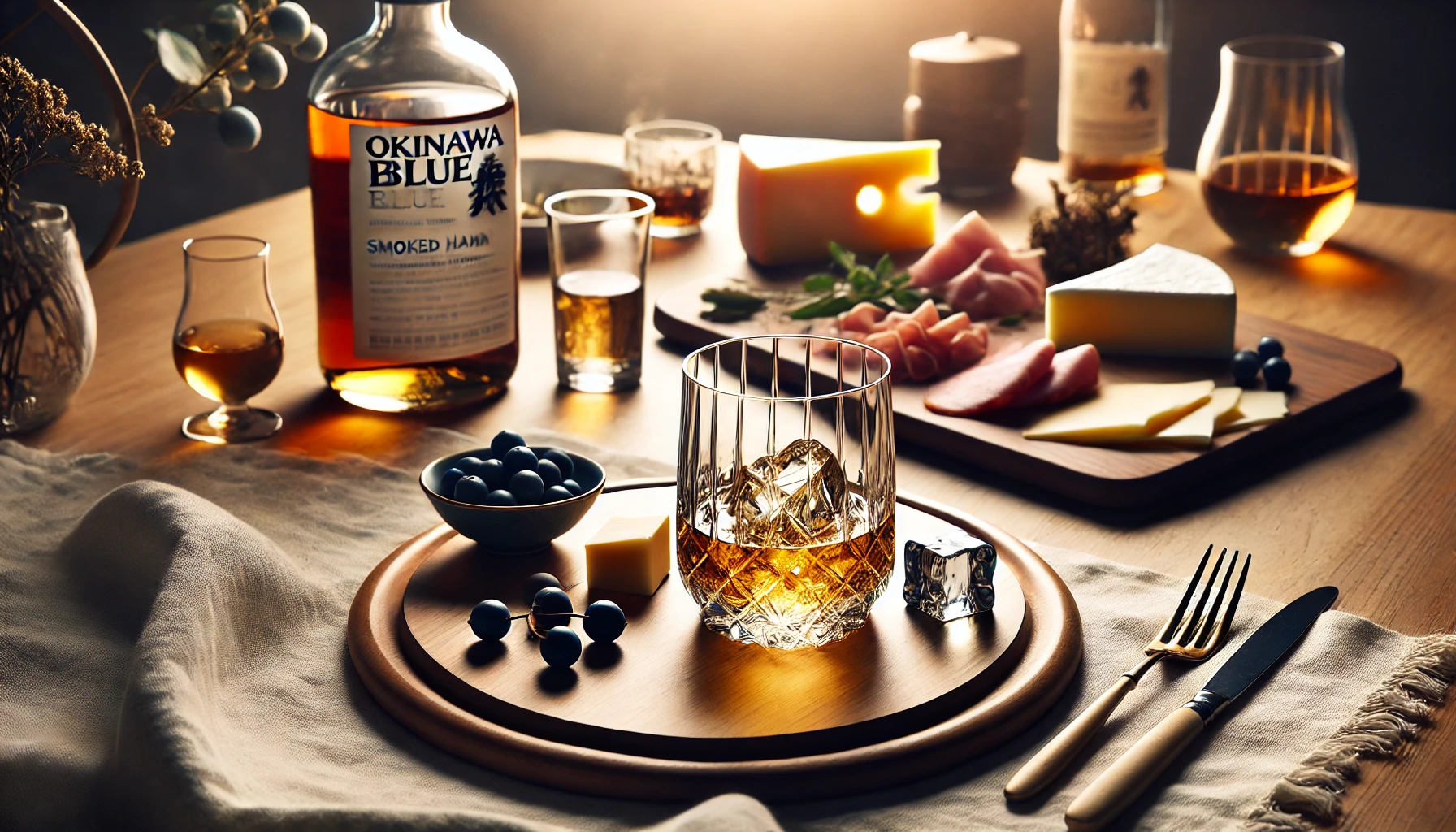 A beautifully set table featuring a glass of Okinawa Blue whiskey on the rocks, with suggested pairings like cheese, smoked ham, and chocolate. The setting is refined, with a clean tablecloth, elegant glassware, and the whiskey taking center stage. The lighting is warm, creating a cozy and inviting atmosphere, perfect for enjoying a fine drink.