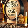 A close-up of a whiskey glass filled with golden whiskey, placed on a wooden table. The background shows an American White Oak cask with the words 'No Peat' and 'American White Oak Cask' engraved. The setting is rustic and warm, reflecting the rich heritage of whiskey making.