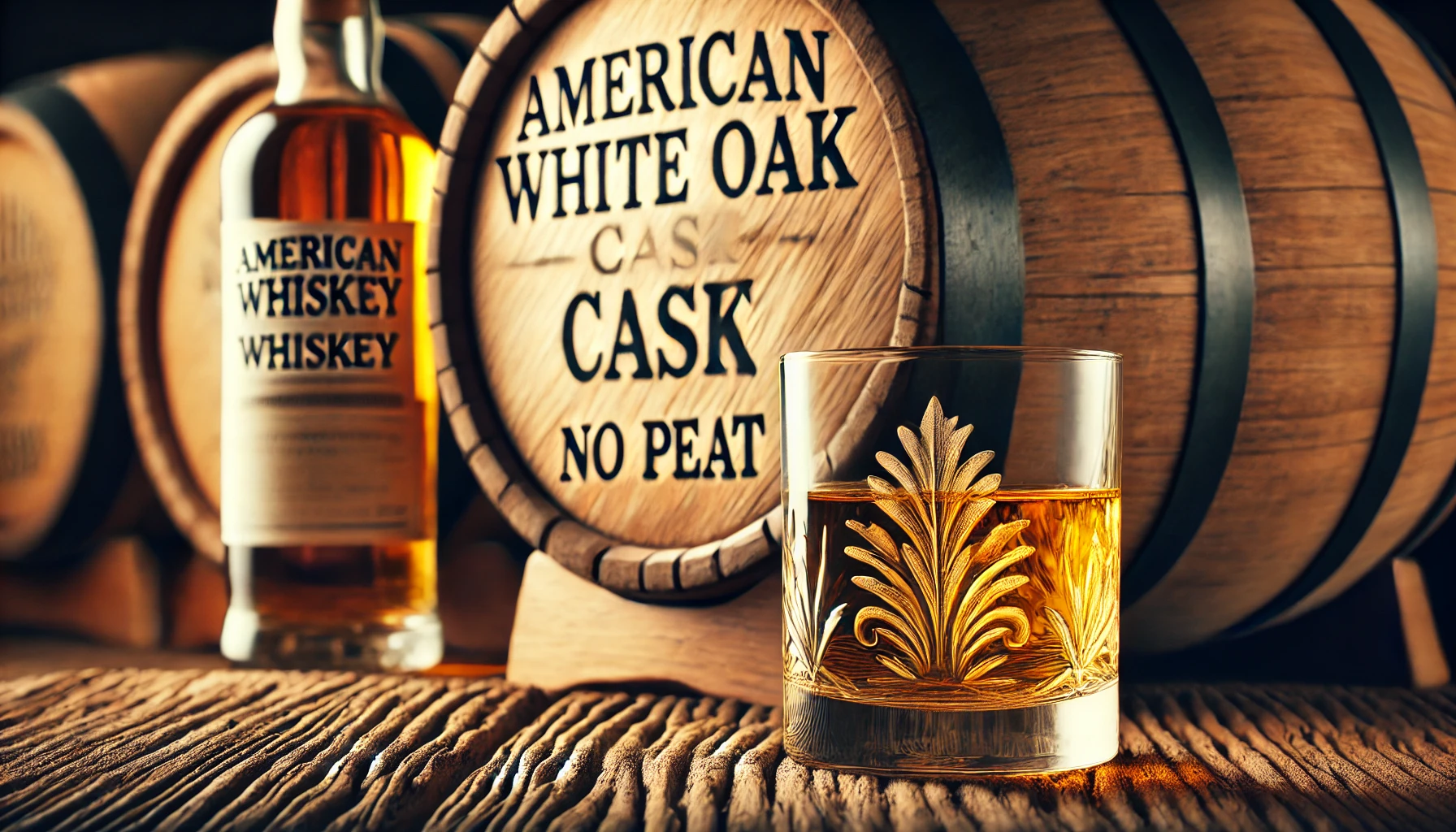 A close-up of a whiskey glass filled with golden whiskey, placed on a wooden table. The background shows an American White Oak cask with the words 'No Peat' and 'American White Oak Cask' engraved. The setting is rustic and warm, reflecting the rich heritage of whiskey making.