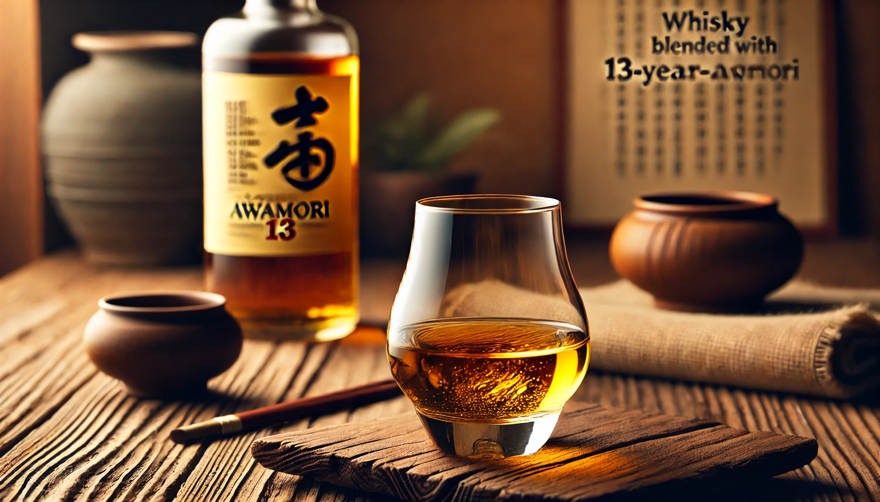 A glass of whisky blended with 13-year-aged awamori placed on a wooden table. The glass is filled with a neat pour of the whisky, showcasing its golden hue. The setting is warm and inviting, with soft lighting that highlights the richness of the drink. There is a traditional Okinawan pottery piece in the background to emphasize its cultural origin.