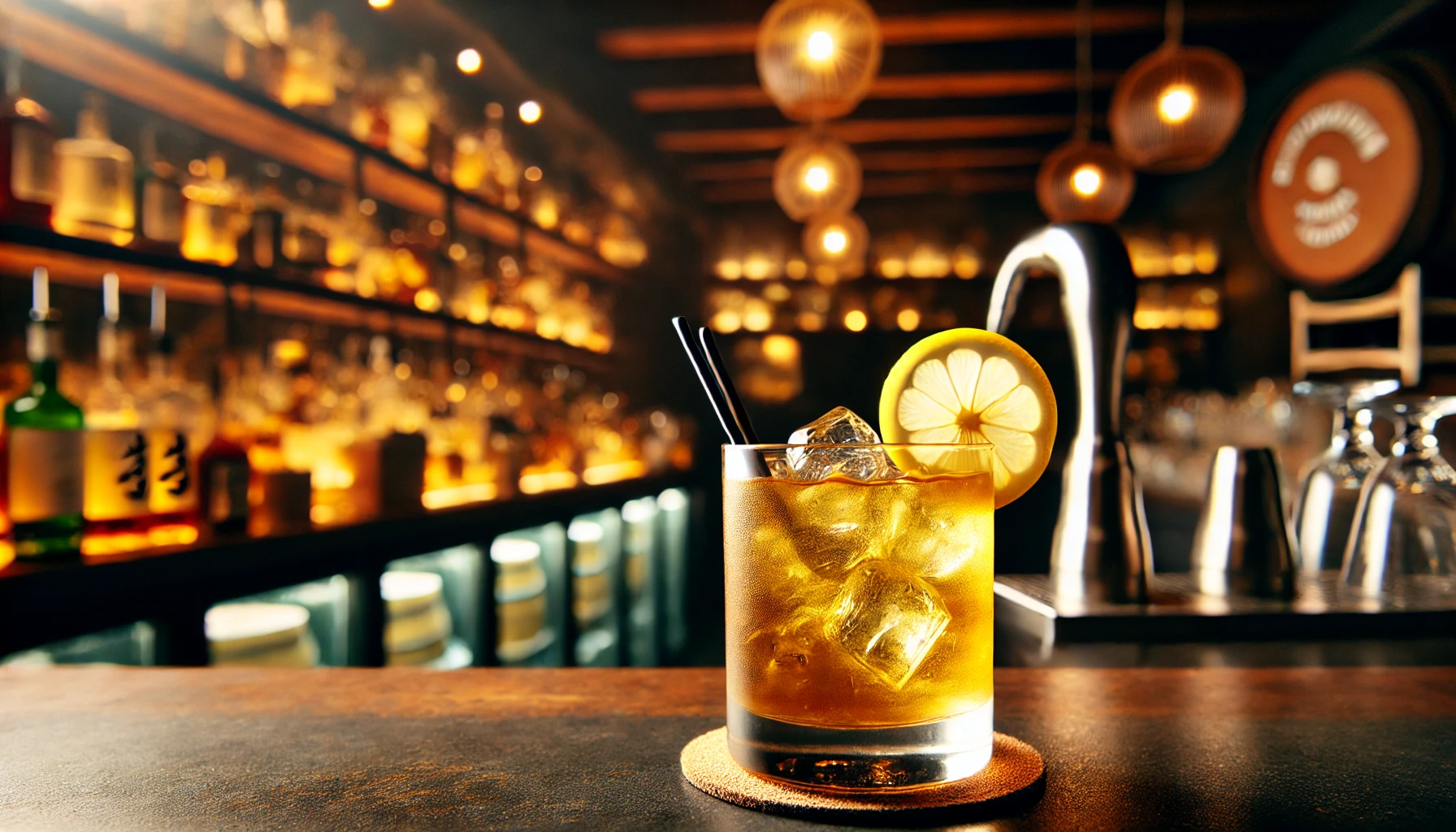 A glass of whisky highball made with 12-year-aged oak barrel-aged awamori, placed on a bar counter. The drink is garnished with a lemon slice. The background features a cozy, dimly lit bar with warm lighting that highlights the golden color of the drink and the wood textures of the bar. The atmosphere is inviting, emphasizing the refreshing nature of the highball.