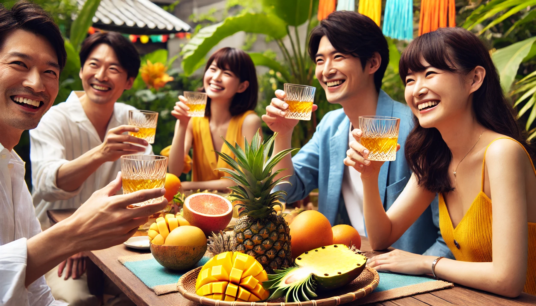 A group of Japanese people enjoying whisky with unique tropical fruit flavors. They are sitting at a table in an outdoor setting with tropical decorations, such as fresh pineapples and mangoes on the table. The atmosphere is lively and cheerful, with everyone smiling and toasting. The setting is bright and tropical, emphasizing the refreshing and exotic nature of the whisky.