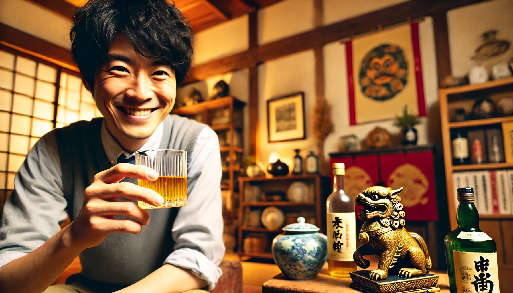 A Japanese person happily drinking whisky with a distinct awamori flavor at home. The background shows a cozy living room with traditional Okinawan decor, such as shisa statues and wooden furniture. The person is smiling with satisfaction, clearly enjoying the unique whisky. The atmosphere is warm and inviting, emphasizing the pleasure of savoring this distinct drink.