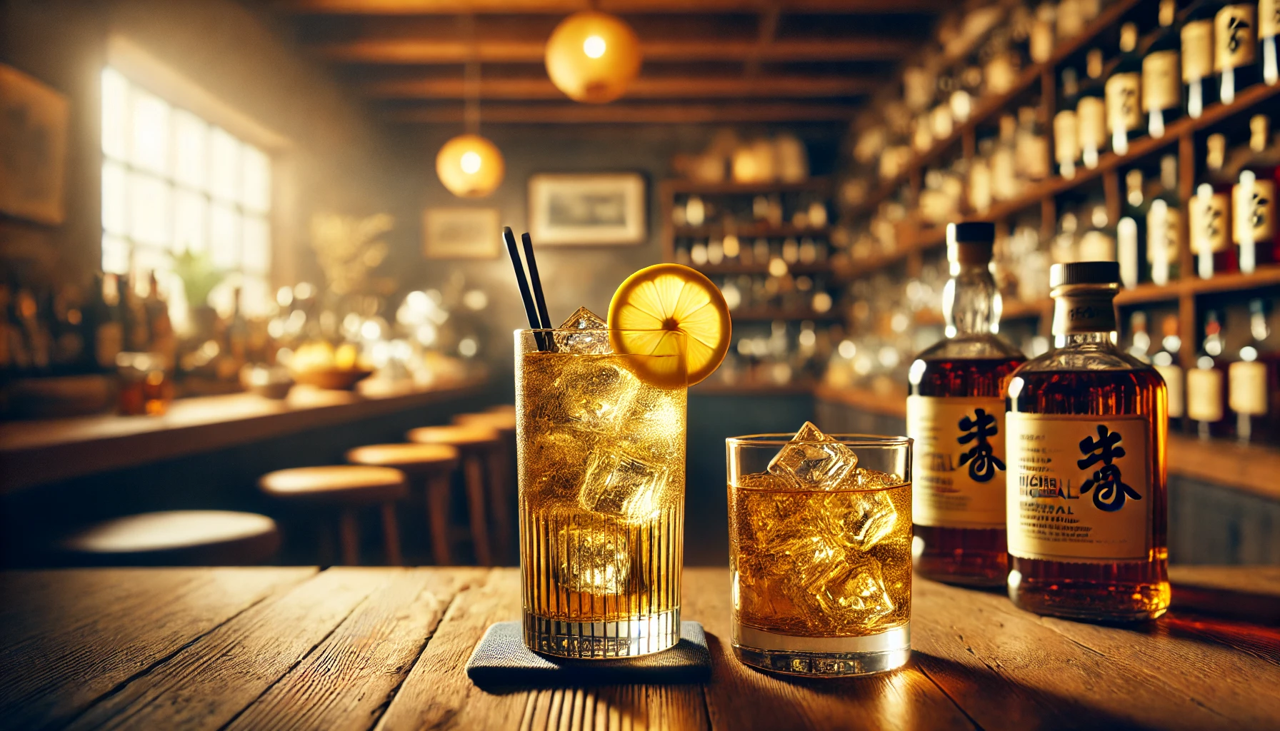 A whisky highball in a tall glass, served with ice and a slice of lemon on a wooden table. The background features a cozy Japanese bar setting, with soft lighting, a warm atmosphere, and shelves filled with bottles of whisky. The scene suggests a relaxing, casual drinking experience that highlights the simplicity and enjoyment of a high-quality yet affordable highball.