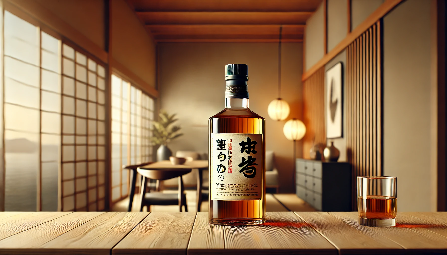 A bottle of whisky with Japanese labeling on a simple wooden table, showcasing high-quality packaging that emphasizes affordability and value. The background features a minimalist, warm-toned interior, representing a cozy and casual atmosphere, hinting at home drinking. The image exudes a sense of high cost-performance whisky with sleek, modern Japanese design, without showing any people.