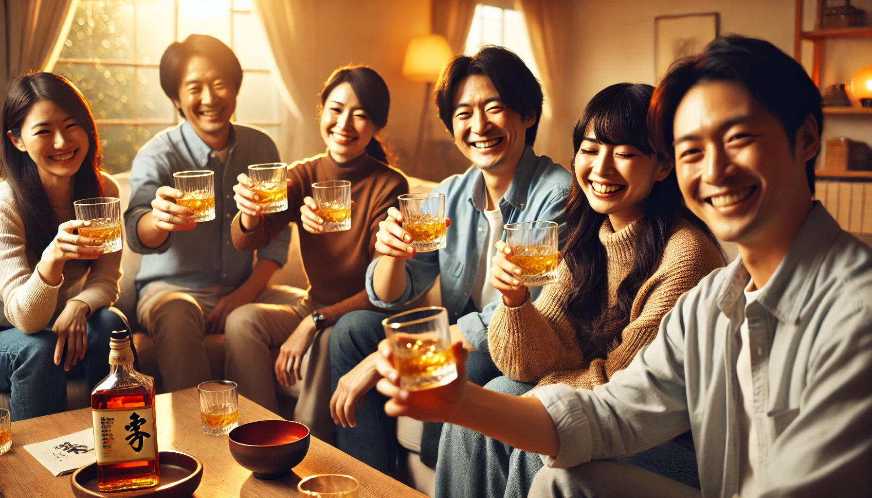 A diverse group of Japanese people sitting in a cozy living room, enjoying whisky together. They are smiling and raising glasses filled with whisky highballs. The scene is warm, with soft lighting, and the atmosphere is relaxed and joyful, reflecting a shared appreciation of affordable and good quality whisky in a casual home setting.