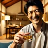 A Japanese man in his thirties holding a whisky glass, smiling joyfully in a cozy home setting. The background features a simple living room with soft lighting and wooden elements. The man is relaxed, appreciating his whisky drink, and the overall atmosphere suggests contentment and happiness after enjoying a good whisky.