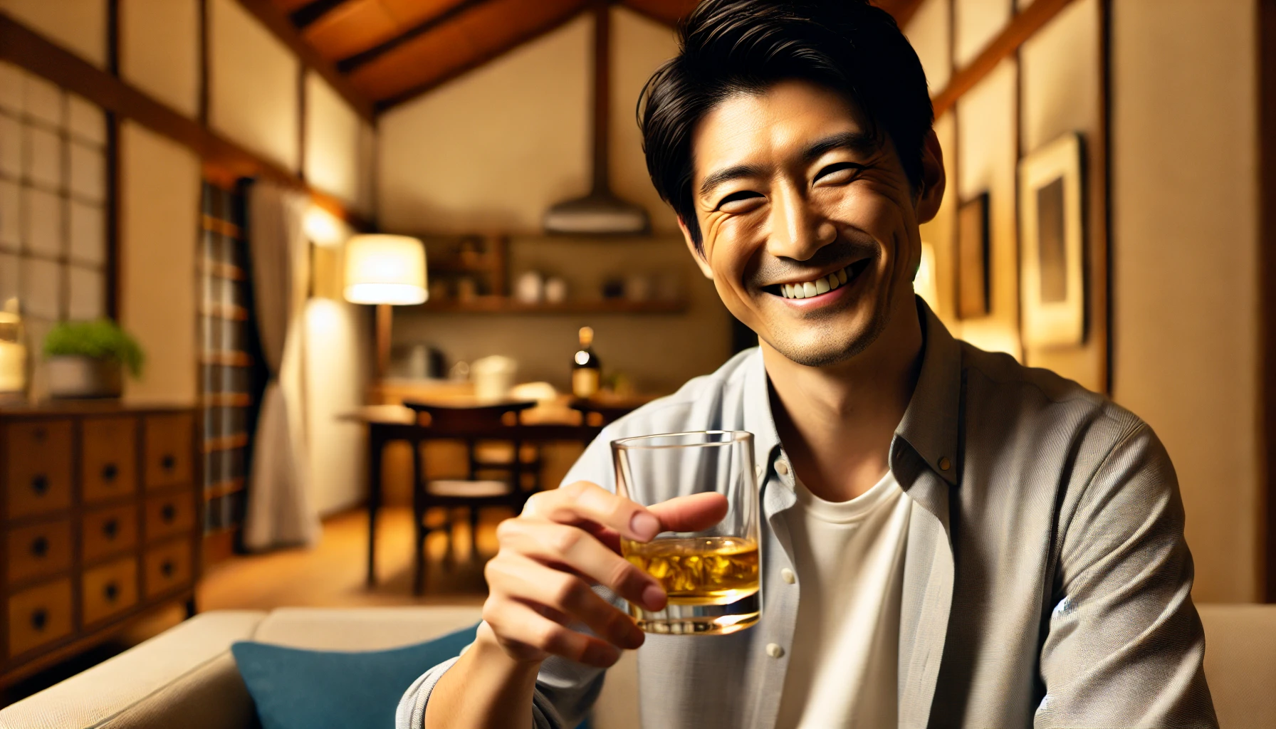 A Japanese man in his thirties holding a whisky glass, smiling joyfully in a cozy home setting. The background features a simple living room with soft lighting and wooden elements. The man is relaxed, appreciating his whisky drink, and the overall atmosphere suggests contentment and happiness after enjoying a good whisky.