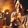 A scene of a happy person enjoying a glass of honey and vanilla-flavored whiskey in a cozy setting, with soft lighting. The background is warm and inviting, with subtle hints of smoke in the air. The person, a Japanese individual, is smiling contentedly, and the atmosphere conveys comfort and satisfaction. The whiskey bottle and glass are placed on a table beside the person, enhancing the warm, pleasant feeling of the moment.