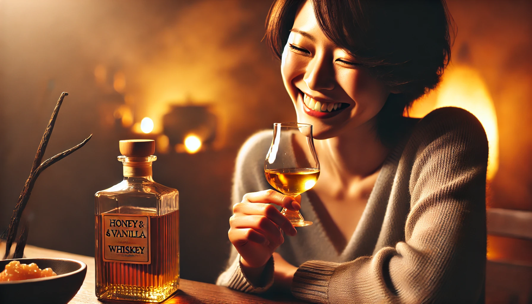 A scene of a happy person enjoying a glass of honey and vanilla-flavored whiskey in a cozy setting, with soft lighting. The background is warm and inviting, with subtle hints of smoke in the air. The person, a Japanese individual, is smiling contentedly, and the atmosphere conveys comfort and satisfaction. The whiskey bottle and glass are placed on a table beside the person, enhancing the warm, pleasant feeling of the moment.