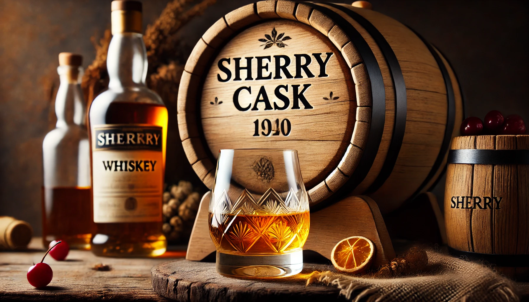 A whiskey glass filled with golden whiskey, placed in front of a rustic sherry barrel. The barrel has the words 'Sherry Cask' engraved on it. The setting is cozy and inviting, with a hint of fruity and fresh aromas in the air.