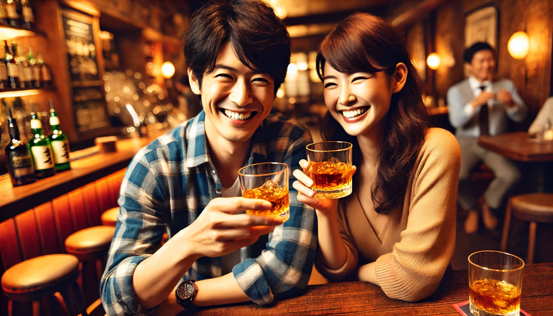 A happy Japanese man and woman in a cozy bar setting, enjoying a glass of whiskey with a rich golden color. They are smiling and toasting each other, clearly enjoying the cocoa and raisin-scented whiskey. The bar is warmly lit with an inviting atmosphere, with a focus on their joyful expressions.