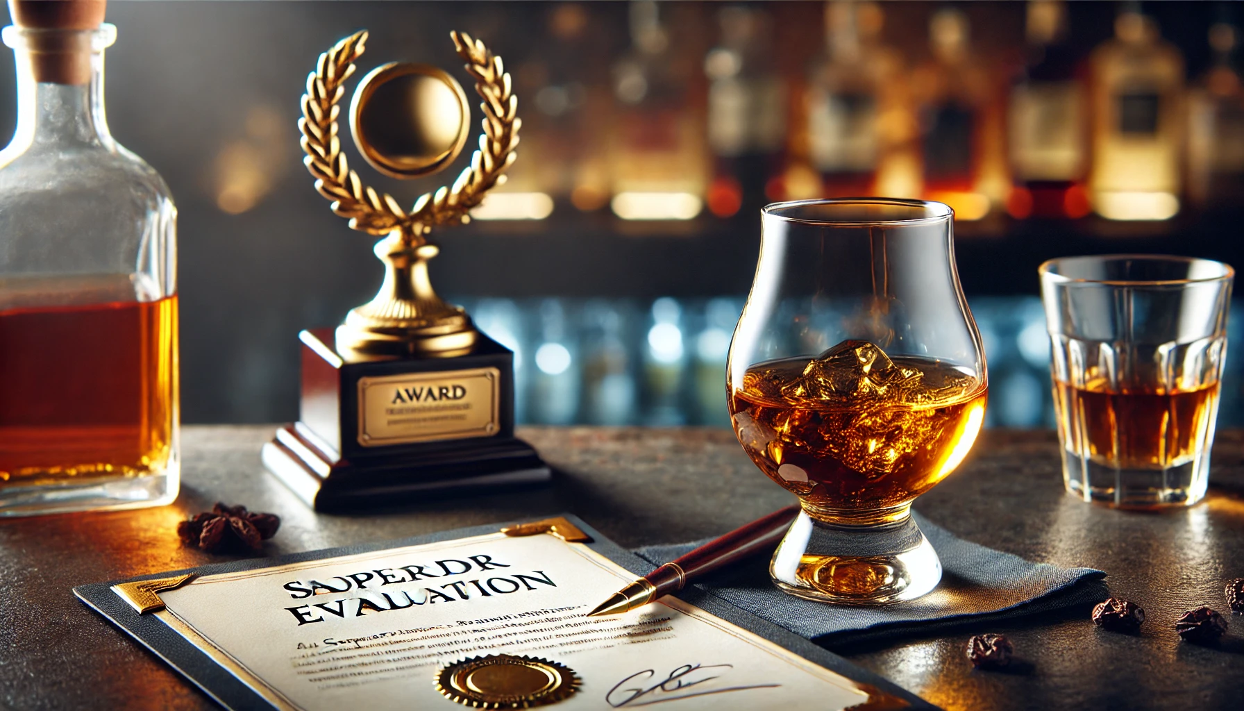 A beautifully presented whiskey glass with a rich golden color, emitting an aroma of cocoa and raisins, placed on a bar counter beside an award trophy or certificate. The setting highlights the whiskey's superior evaluation, with subtle reflections of light enhancing the luxurious feel of the scene.