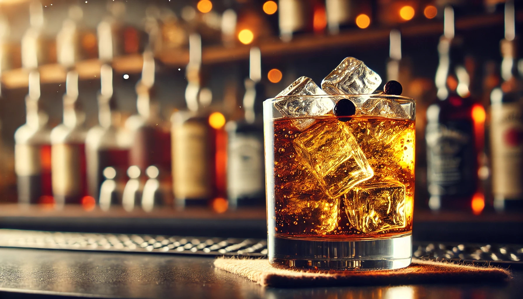 A glass of whiskey highball with a rich golden color, topped with ice cubes, set on a bar counter. The whiskey emits an aroma of cocoa and raisins, with a hint of soda bubbles rising. The bar has a cozy, warm ambiance with soft lighting and a classic feel.