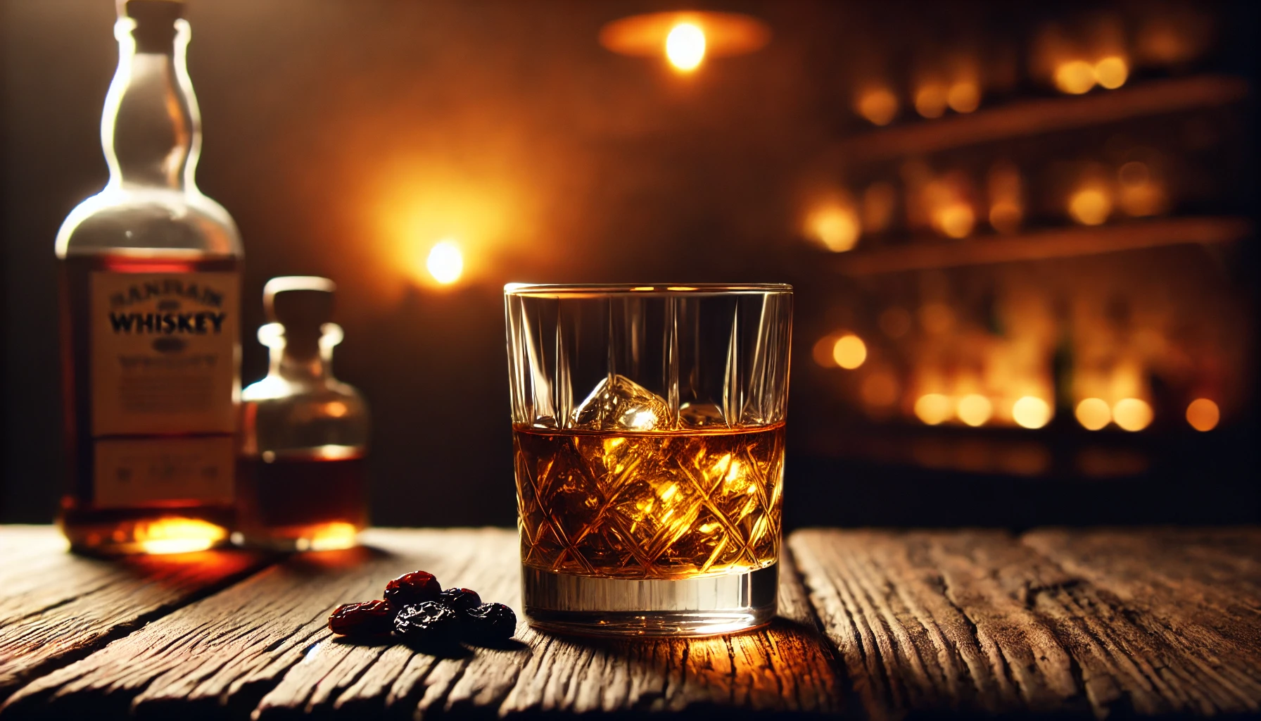 A glass of whiskey with a rich golden color, emitting an aroma of cocoa and raisins, placed on a wooden table in a cozy dim-lit bar setting. The atmosphere is warm and inviting, with subtle hints of amber lighting reflecting off the glass.