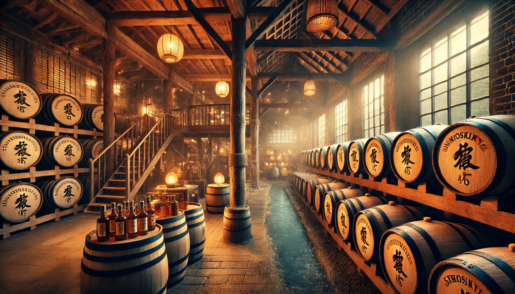 An image of a whiskey distillery in Hiroshima, Japan, where whiskey is crafted with a smoky aroma and rich, sweet flavors. The scene highlights the barrels being used for aging the whiskey to develop its unique smoky and sweet character. There is a traditional distillery setup with wooden beams, brick walls, and soft lighting that brings out the rustic feel of the place. The atmosphere reflects the high-quality craftsmanship that leads to excellent whiskey ratings.