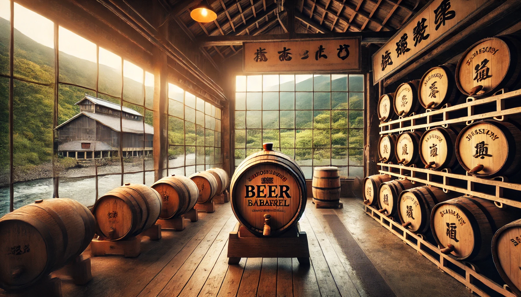 An image of a whiskey distillery in Hiroshima, Japan, showing barrels used for aging whiskey, with one of the barrels being a beer barrel that imparts a fruity flavor and a hint of hops bitterness. The setting is rustic and industrial, with soft lighting illuminating the wooden barrels and a few Japanese inscriptions on them. A serene, scenic landscape of greenery can be seen outside the distillery windows.