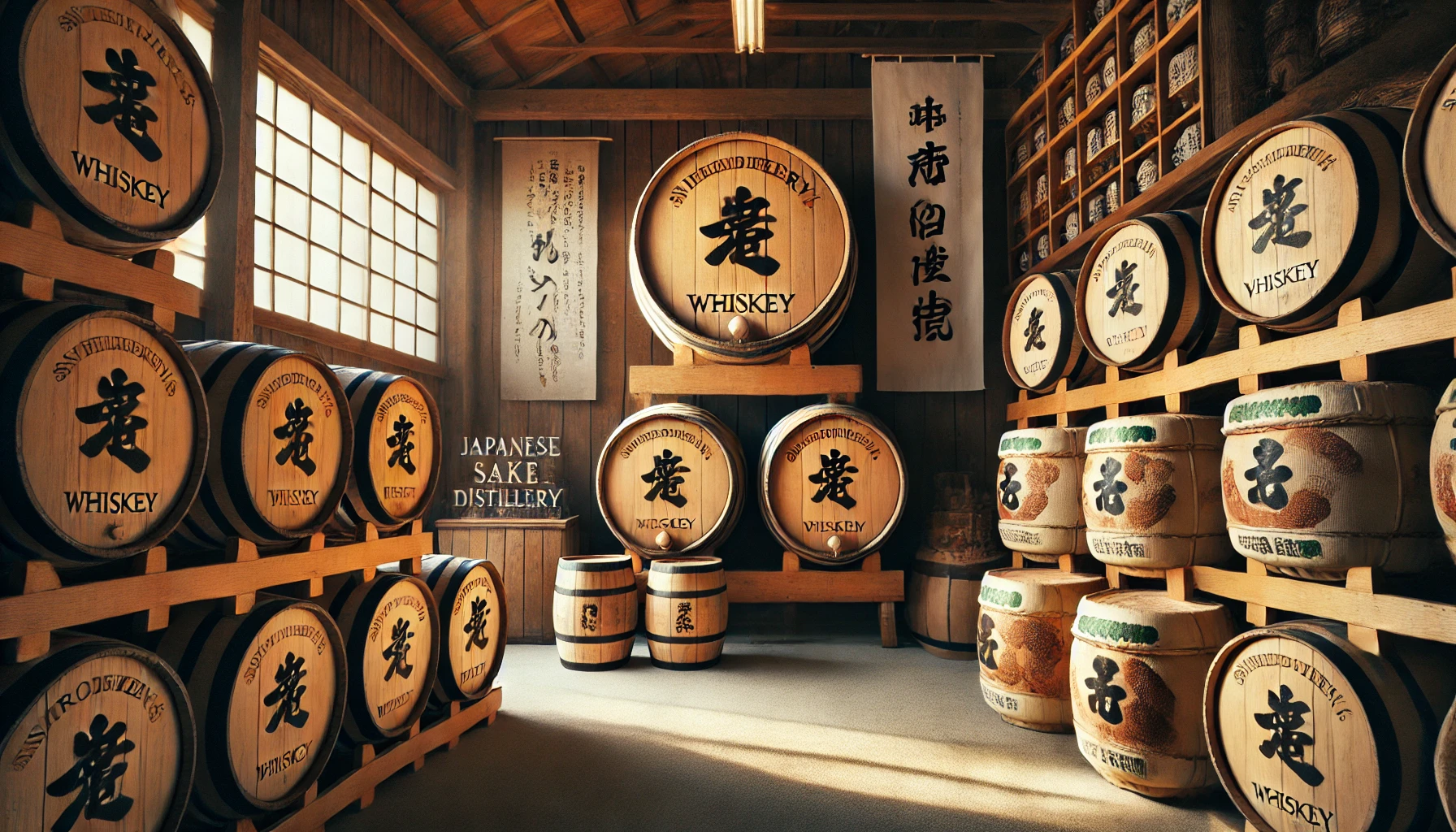 A whiskey distillery in Hiroshima, Japan, featuring barrels that have been aged in Japanese sake casks. The whiskey has a balanced combination of sweetness and tartness. The image shows large sake barrels used in the aging process, with a serene and traditional Japanese setting visible around the distillery, such as wooden walls, soft lighting, and sake labels in Japanese characters. The atmosphere feels peaceful, with sunlight subtly illuminating the interior.