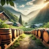 A serene whisky barrel aging scene in Tottori, Japan, featuring natural surroundings. The image captures the soft hint of vanilla and fruity pear aromas from the barrels. The scene includes lush greenery and a peaceful environment that enhances the essence of whisky aging.