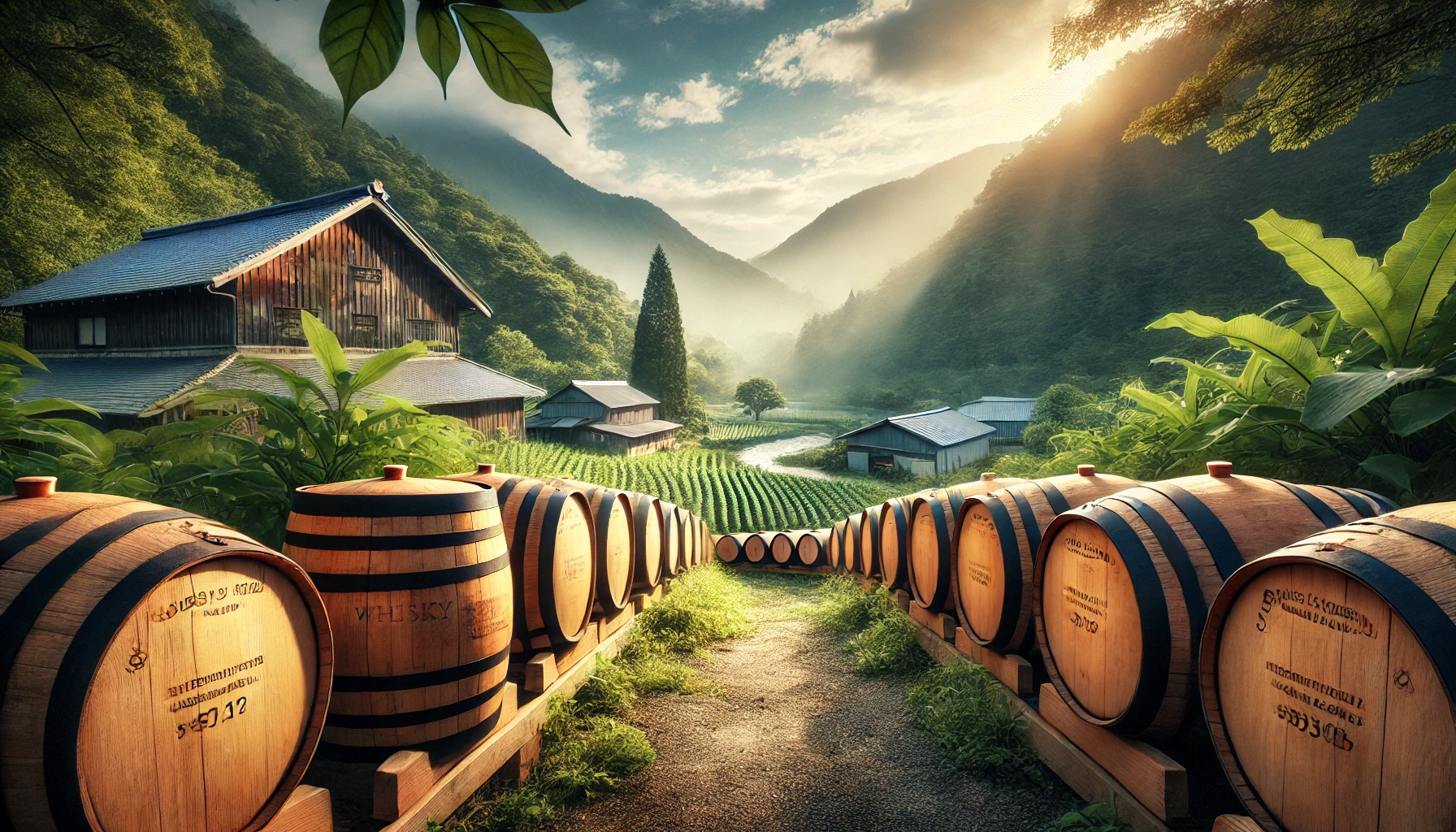 A serene whisky barrel aging scene in Tottori, Japan, featuring natural surroundings. The image captures the soft hint of vanilla and fruity pear aromas from the barrels. The scene includes lush greenery and a peaceful environment that enhances the essence of whisky aging.