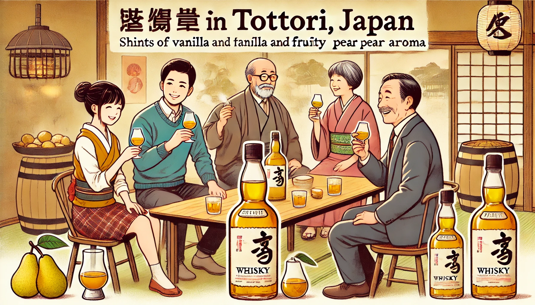 A cozy setting where people are enjoying whisky in Tottori, Japan. The scene shows individuals savoring a whisky with hints of vanilla and fruity pear aroma. The environment is warm and welcoming, with a traditional Japanese influence, and the people depicted are Japanese, smiling and relaxed while enjoying their drinks.