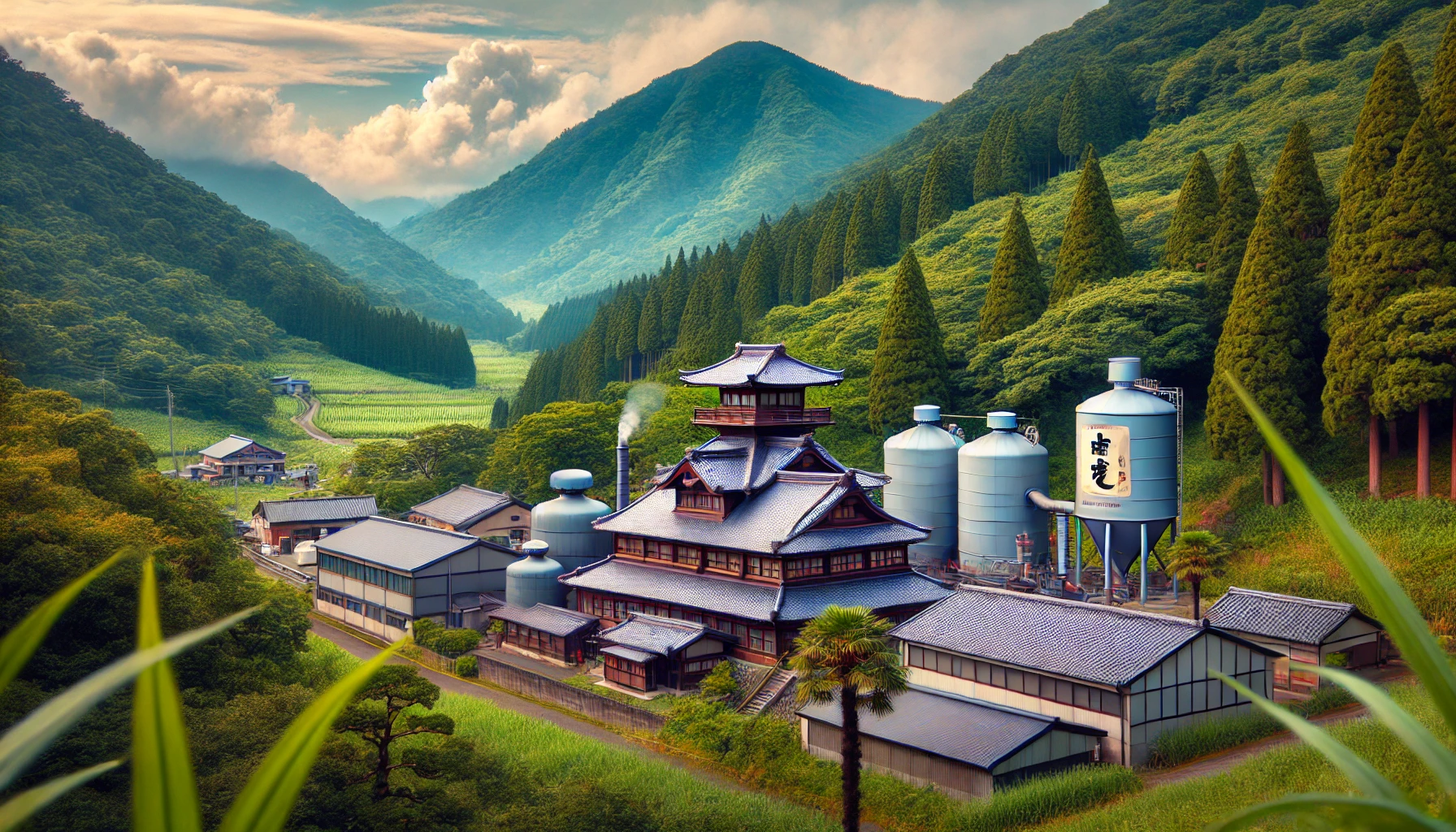 A beautiful scene of Rokko Mountain in Japan with a distillery producing pure malt whiskey. The distillery is nestled among lush green trees and has traditional Japanese architecture.