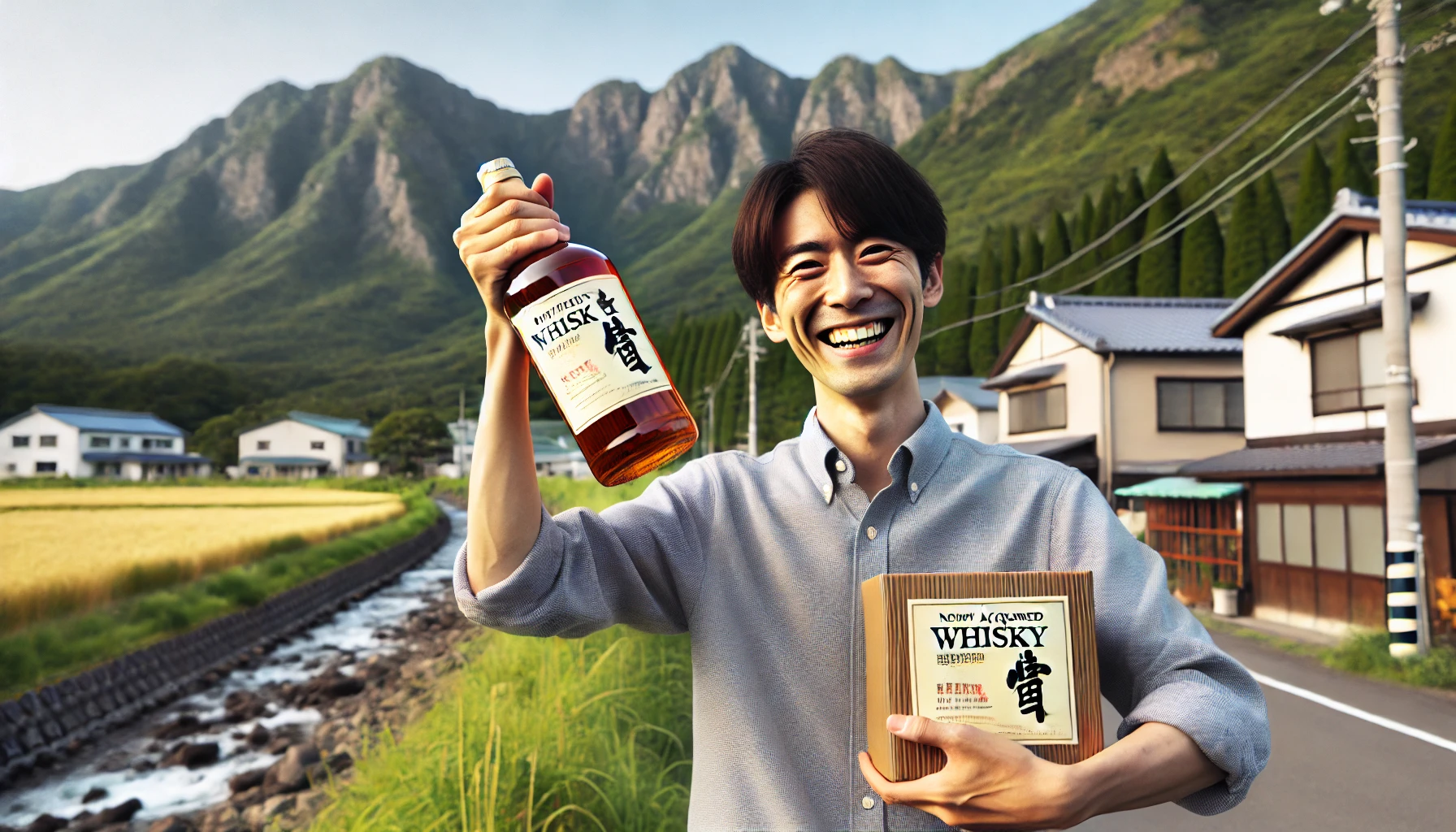 A joyful scene of a Japanese person holding a newly acquired whisky bottle in Tottori, Japan. The person is smiling in satisfaction, standing in a natural setting reminiscent of Tottori's landscape. The whisky bottle label is partially visible, emphasizing the excitement and pride of owning a whisky with hints of vanilla and fruity pear aroma.