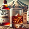 A glass of pure malt whiskey on a wooden table with a background of Rokko Mountain in Japan. The whiskey has a rich amber color and is accompanied by a small bottle labeled 'Rokko Mountain Pure Malt Whiskey'. The scene is set to highlight the deliciousness of the whiskey.