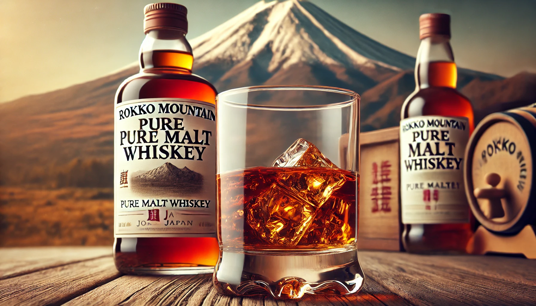 A glass of pure malt whiskey on a wooden table with a background of Rokko Mountain in Japan. The whiskey has a rich amber color and is accompanied by a small bottle labeled 'Rokko Mountain Pure Malt Whiskey'. The scene is set to highlight the deliciousness of the whiskey.