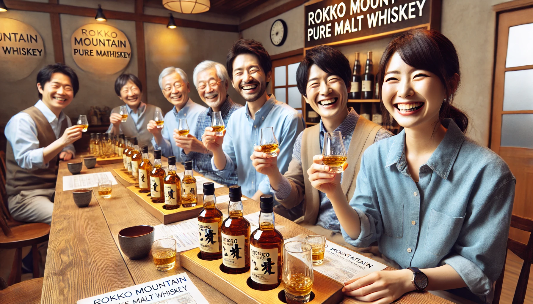 A group of Japanese people happily tasting and evaluating Rokko Mountain pure malt whiskey in a cozy tasting room. The room has wooden decor and shelves with whiskey bottles. Everyone looks pleased and engaged in the tasting process.