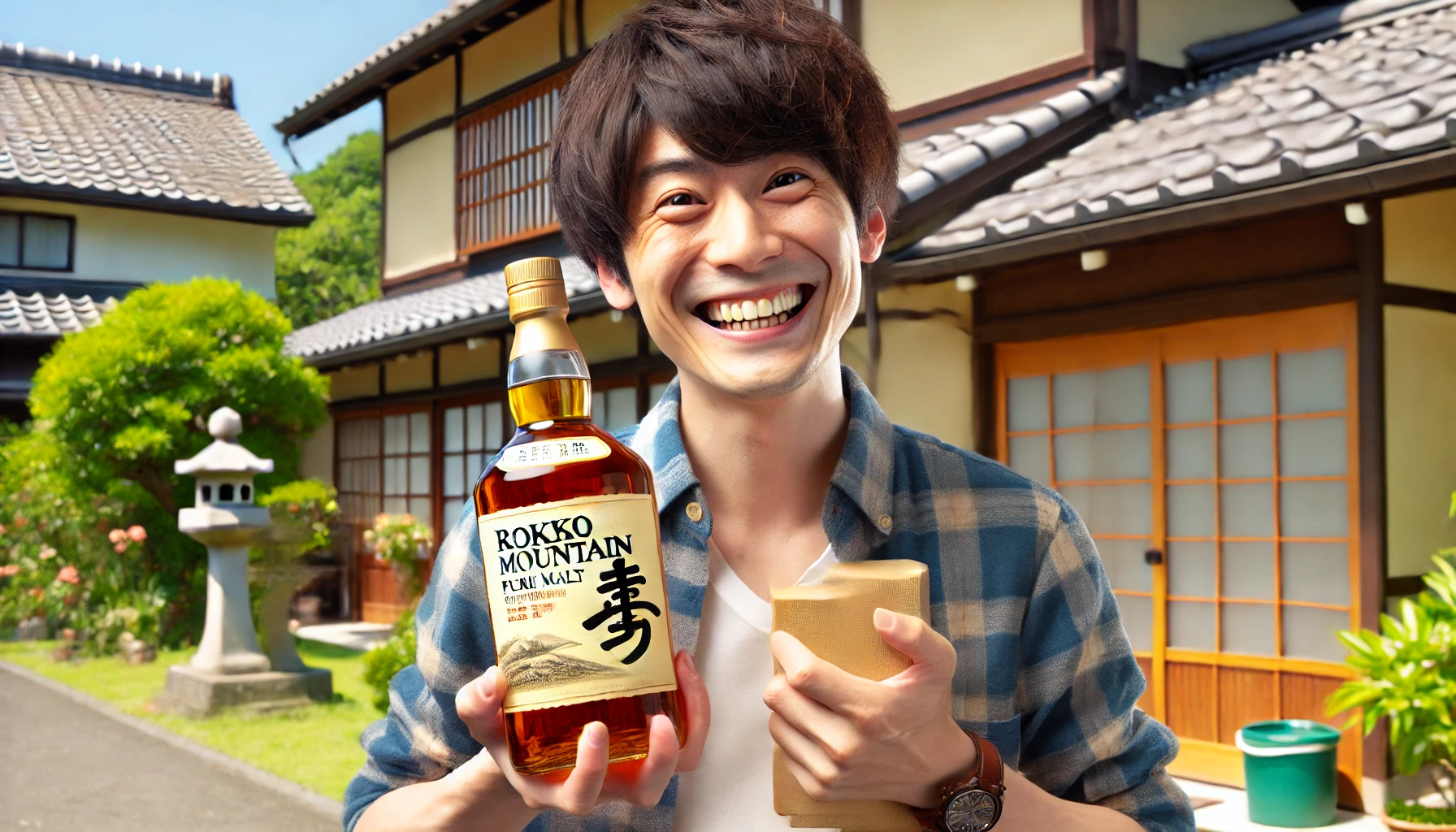 A Japanese person happily holding a bottle of Rokko Mountain pure malt whiskey in front of their home. The person looks delighted and the background shows a traditional Japanese house with a garden.