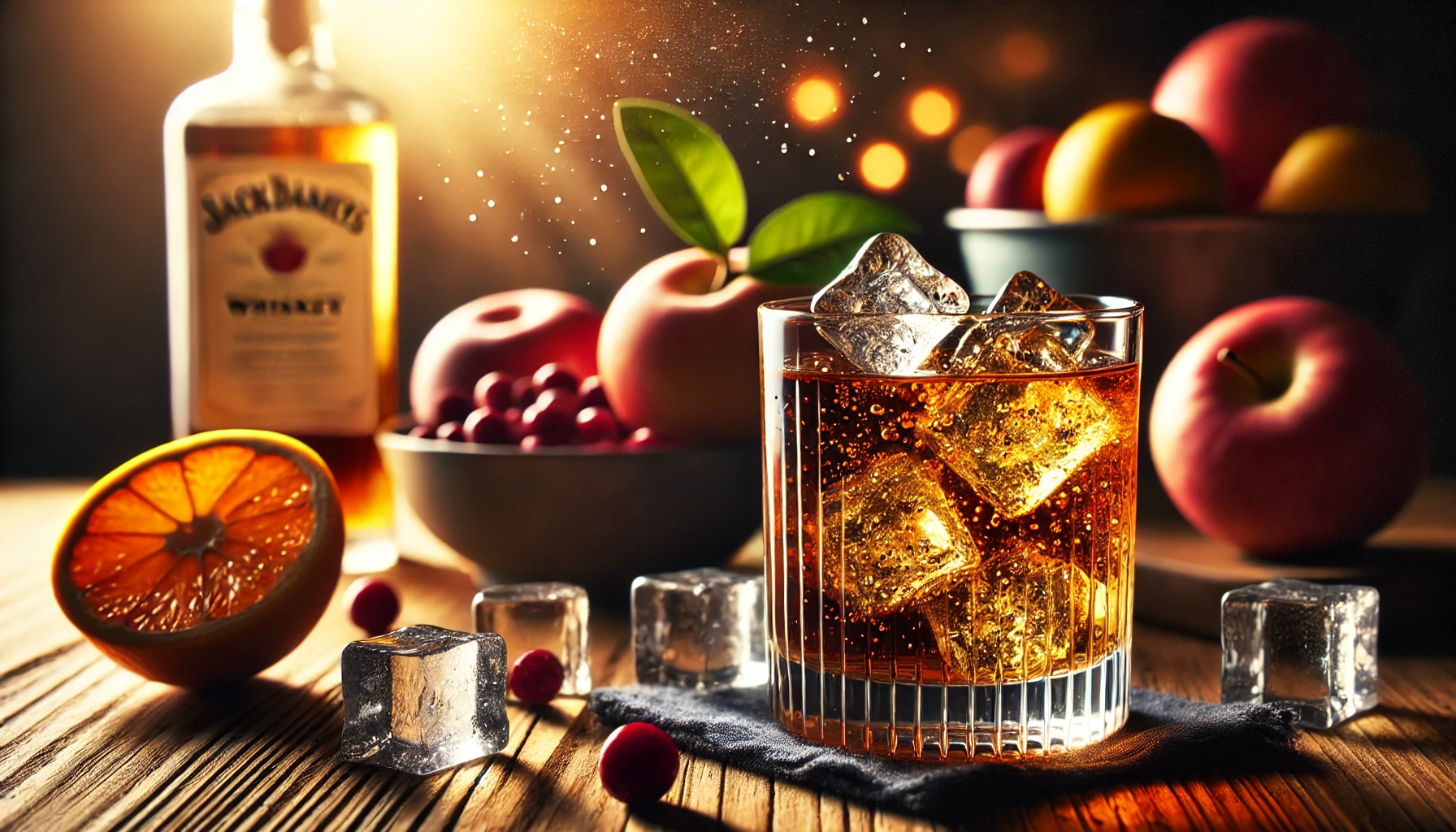 A glass of whiskey with a rich, amber color, emitting a fruity and sweet aroma, and a balanced, mild taste, served as a highball with ice and soda water. The setting is elegant and sophisticated, highlighting the refreshing nature of the whiskey highball.