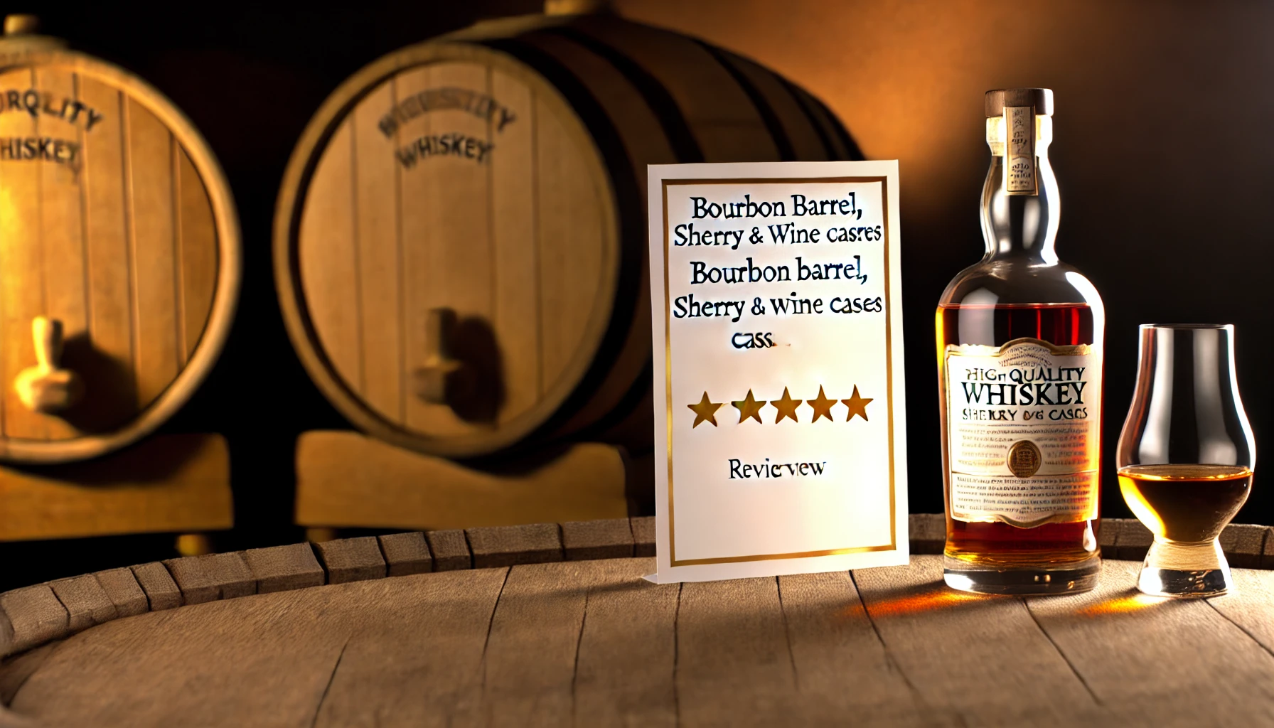 A high-quality whiskey bottle labeled as 'Bourbon Barrel, Sherry and Wine Casks' placed in the center, with a glowing review card next to it praising its balanced flavor and fruity notes. The backdrop includes rich oak barrels and soft lighting to emphasize the luxurious feel. The setting exudes warmth and sophistication, ideal for whiskey enthusiasts.