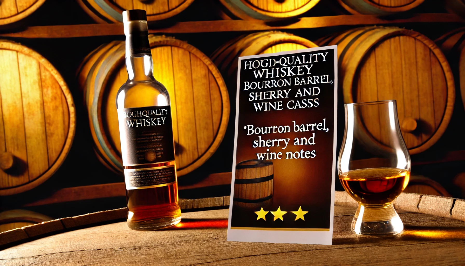 A high-quality whiskey bottle labeled as 'Bourbon Barrel, Sherry and Wine Casks' placed in the center, with a glowing review card next to it praising its balanced flavor and fruity notes. The backdrop includes rich oak barrels and soft lighting to emphasize the luxurious feel. The setting exudes warmth and sophistication, ideal for whiskey enthusiasts.