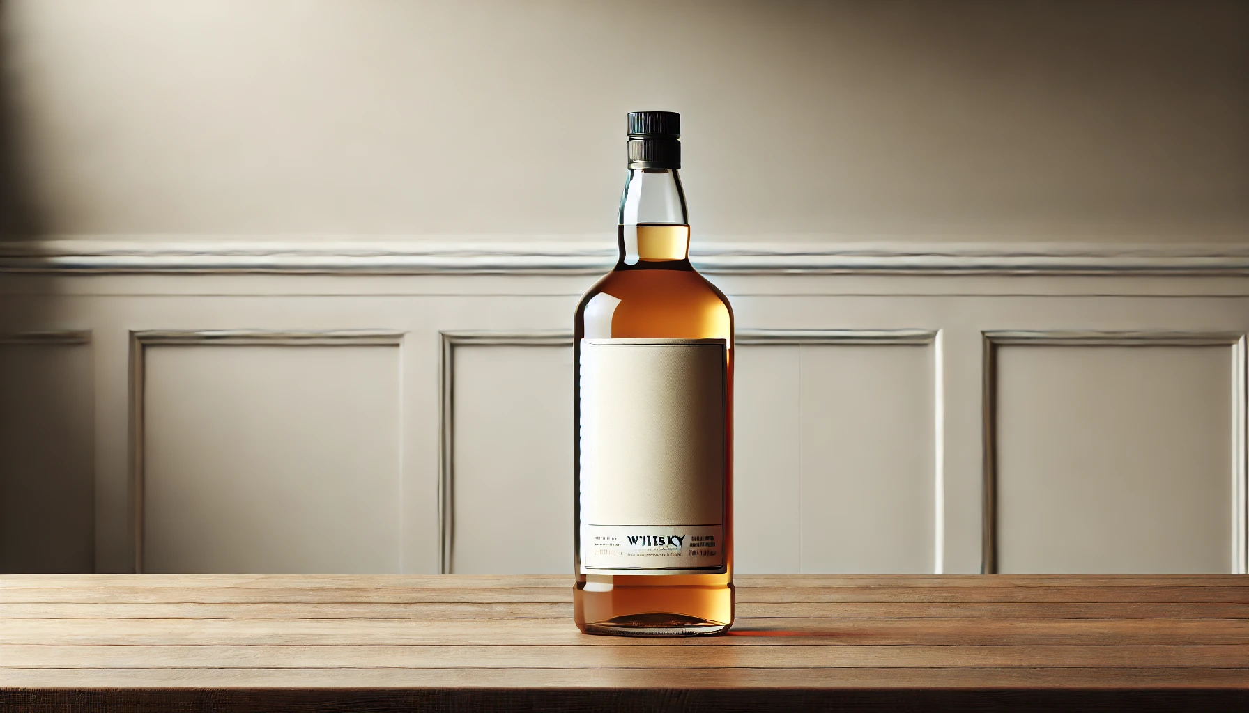 A high-quality horizontal 16:9 image showing a whisky bottle with a plain white label, placed on a wooden table. The background is minimalistic and simple, emphasizing the clean and unbranded look of the whisky bottle, focusing on the purity of the design.