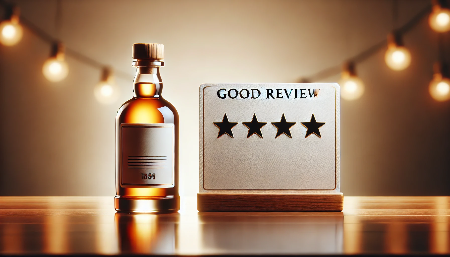 A high-quality horizontal 16:9 image showing a whisky bottle with a plain white label, receiving positive reviews. The background has a soft, warm ambiance to reflect the good feedback. The whisky bottle stands prominently on a sleek wooden surface, representing quality and elegance.