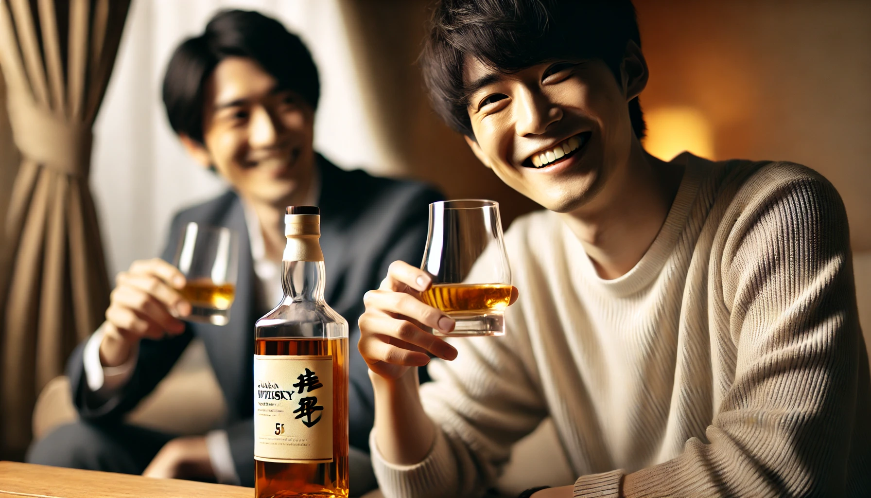 A high-quality horizontal 16:9 image of a happy Japanese person enjoying a glass of whisky with a plain white label bottle. The setting is cozy and relaxed, with the person smiling and holding a whisky glass. The background is softly lit, emphasizing the joy of drinking whisky.