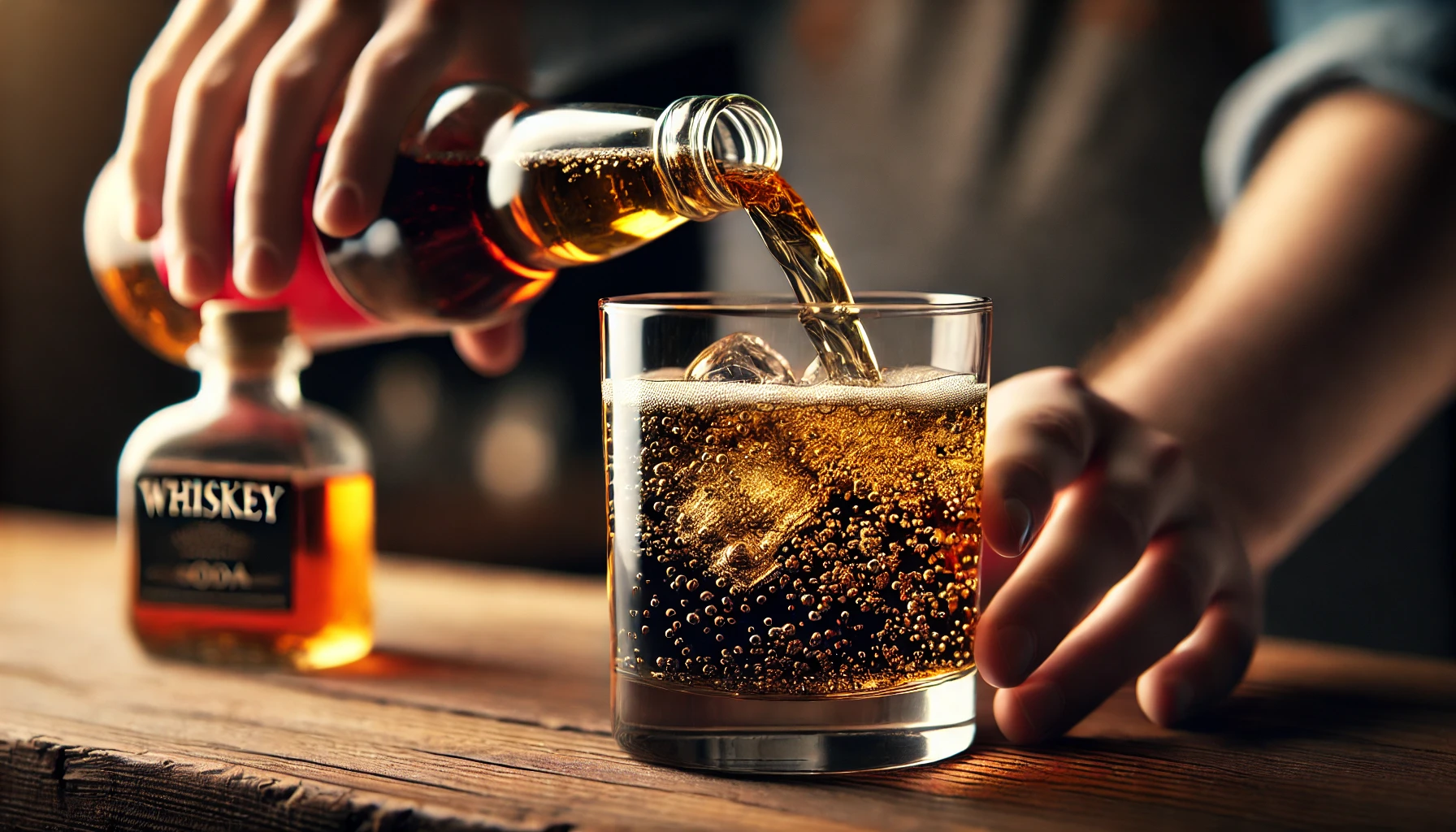 A glass of whiskey poured into a tumbler with black carbonated soda being mixed in. The drink fizzes as the soda is poured, and the amber color of the whiskey contrasts with the dark soda. The scene is set on a wooden bar counter, with soft lighting in a cozy atmosphere.