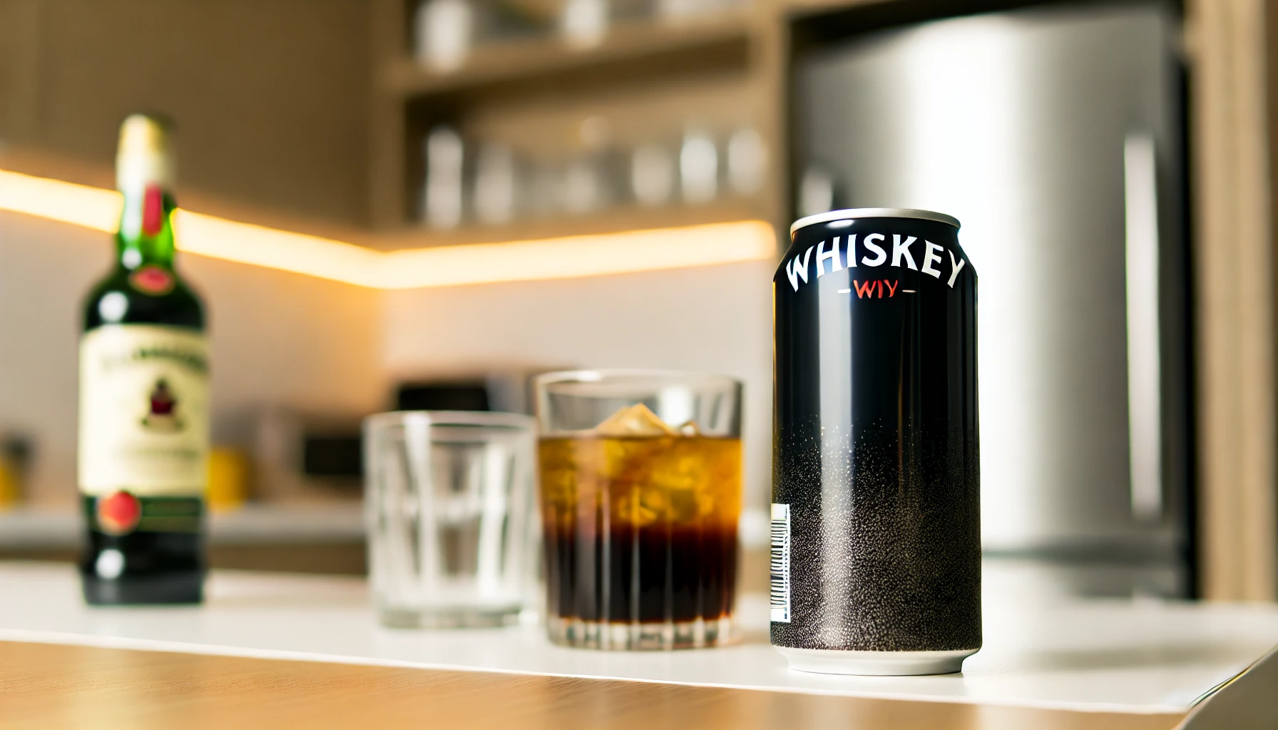 A can of whiskey mixed with a black carbonated drink, placed on a modern kitchen countertop. The can is branded and sleek, and the surrounding scene shows casual kitchen elements like glasses and a refrigerator in the background. The tone is casual and inviting.