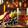 A glass of whiskey with a rich, amber color, emitting a fruity and sweet aroma, and a balanced, mild taste. The setting is elegant and sophisticated, with a focus on the whiskey's appearance and its inviting character.