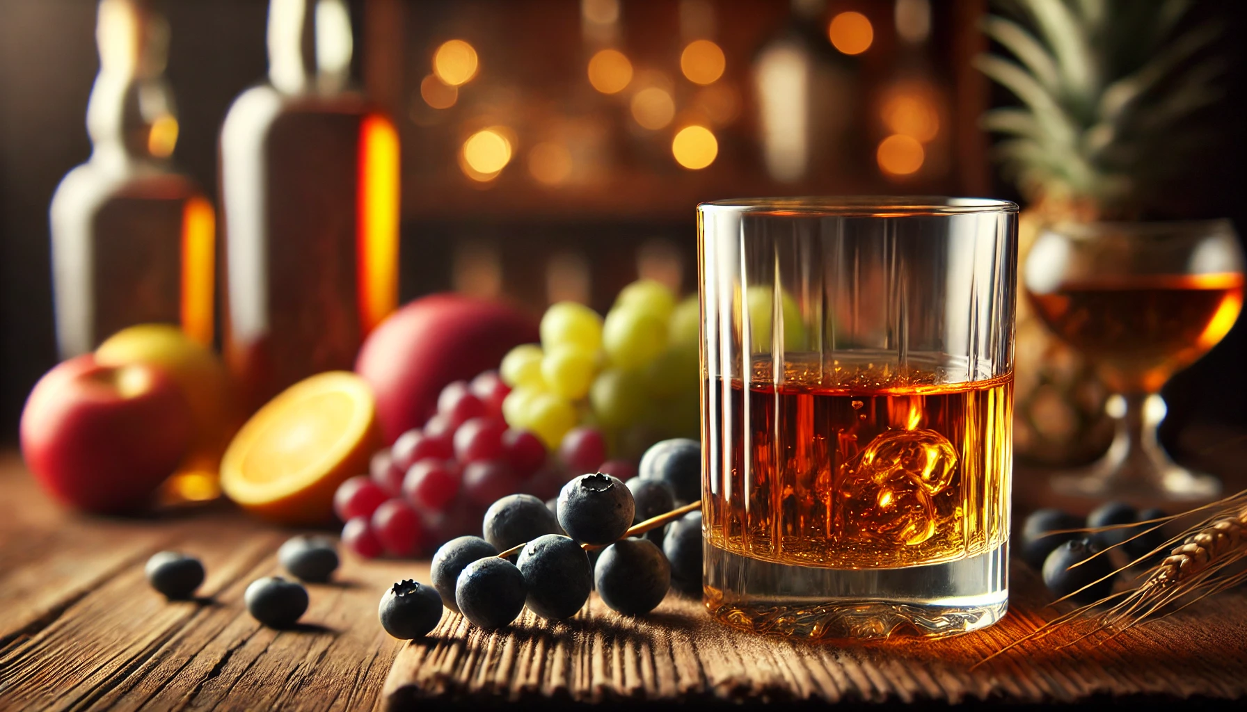 A glass of whiskey with a rich, amber color, emitting a fruity and sweet aroma, and a balanced, mild taste. The setting is elegant and sophisticated, with a focus on the whiskey's appearance and its inviting character.