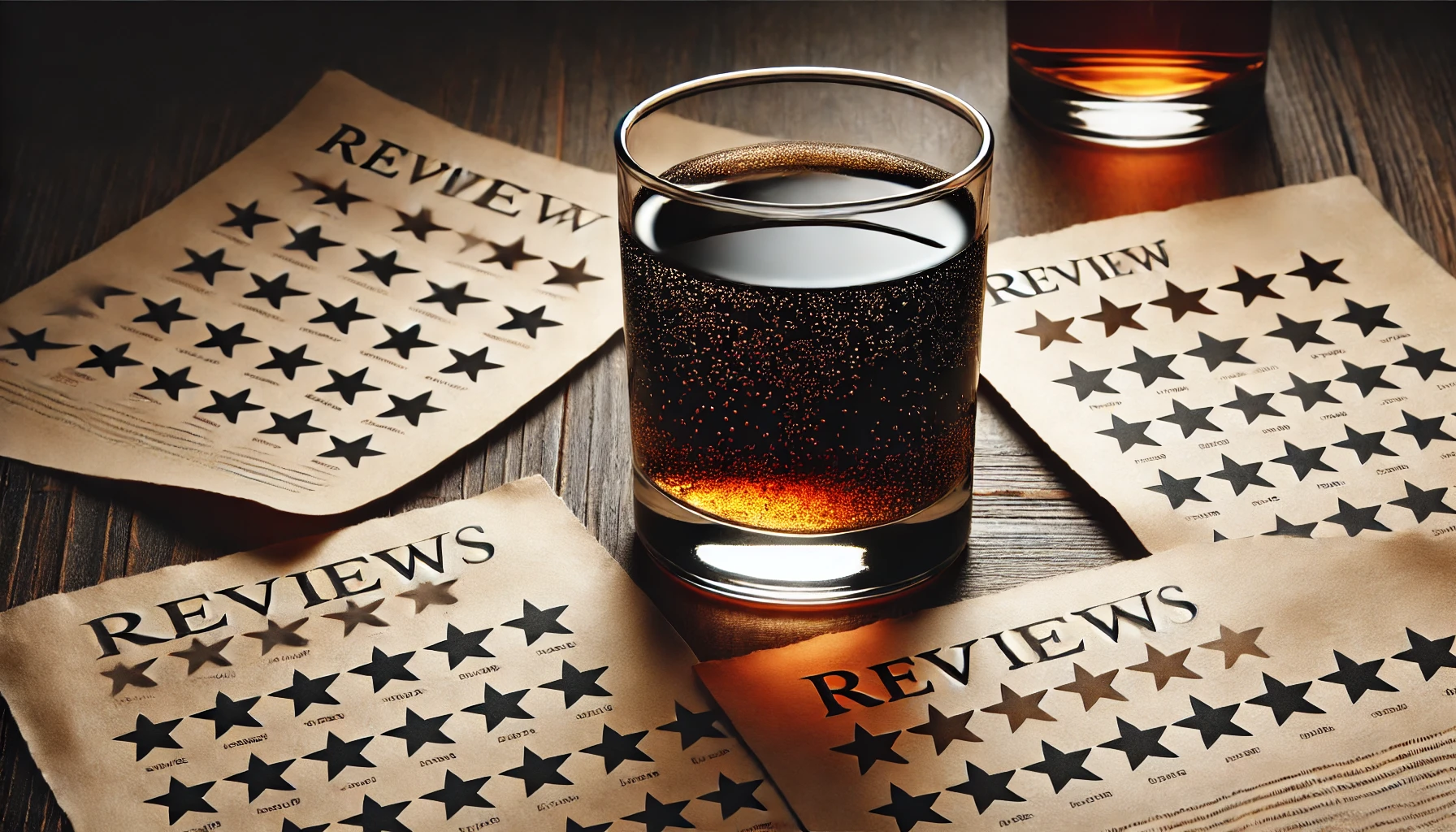 A stylish glass of whiskey mixed with a black carbonated drink, placed on a wooden table. Surrounding the glass are review papers with varied ratings, both positive and negative. A neutral tone with dim lighting in the background to set a balanced mood of various opinions.