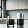 A sleek can of whiskey mixed with black carbonated soda, placed on a clean modern kitchen counter. The can features minimalistic branding, and next to it, there’s a glass filled with the dark soda-whiskey blend, with small bubbles rising to the surface. The background showcases a contemporary kitchen setup with soft natural lighting streaming through large windows.