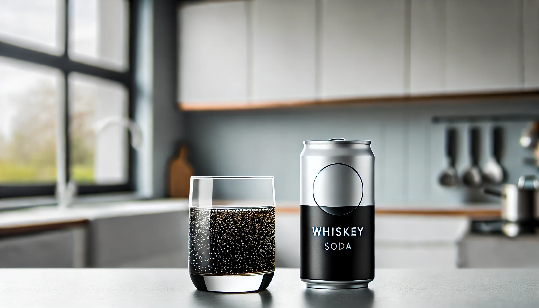 A sleek can of whiskey mixed with black carbonated soda, placed on a clean modern kitchen counter. The can features minimalistic branding, and next to it, there’s a glass filled with the dark soda-whiskey blend, with small bubbles rising to the surface. The background showcases a contemporary kitchen setup with soft natural lighting streaming through large windows.